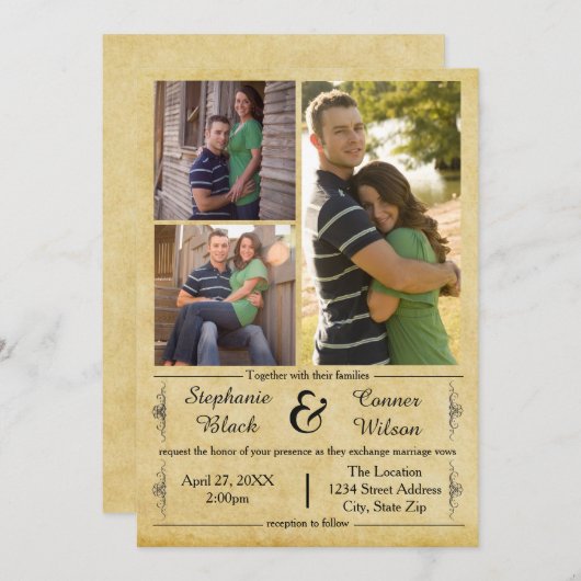 Antiek papier 3 foto's - bruiloft uitnodiging (Voorkant / Achterkant)