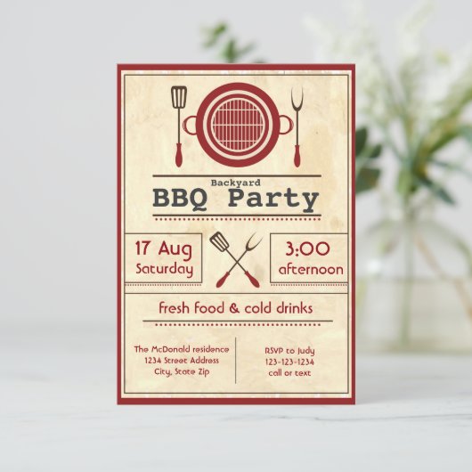 Antiek papier BBQ-partij - 3x5 uitnodiging (Staand voorkant)