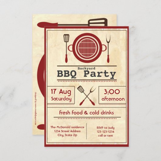 Antiek papier BBQ-partij - 3x5 uitnodiging (Voorkant / Achterkant)
