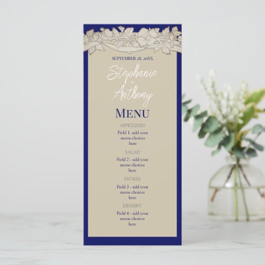 Antiek papier blauw tan bloemblaadje bruiloft menu (Staand voorkant)