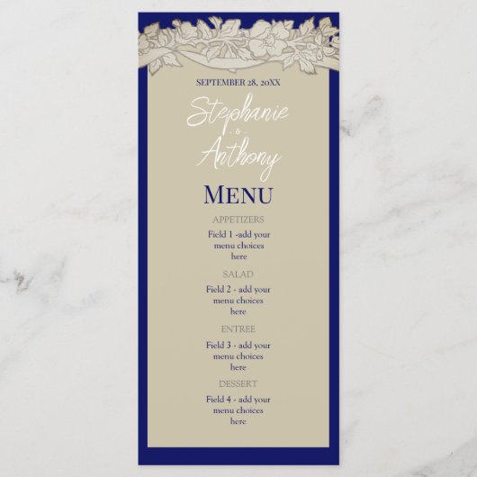 Antiek papier blauw tan bloemblaadje bruiloft menu (Voorkant)