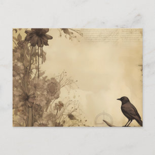 Antiek Papier Zwart Vogel en Bloemen Halloween Feestdagenkaart