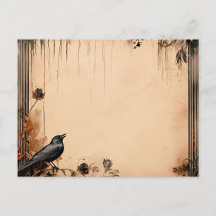 Antiek Papier Zwart Vogel en Bloemen Halloween Feestdagenkaart