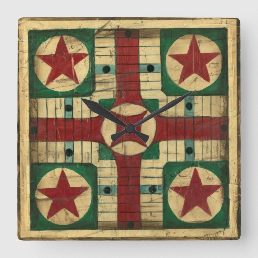 Antiek Parcheesi Game Board van Ethan Harper Vierkante Klok (Voorkant)