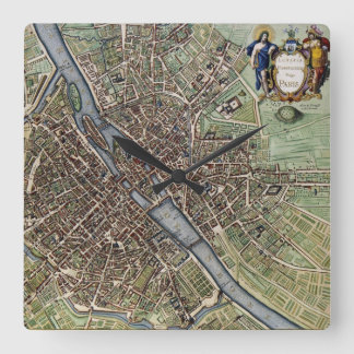 Antiek Paris Map 1657 Seine River  Frankrijk Vierkante Klok