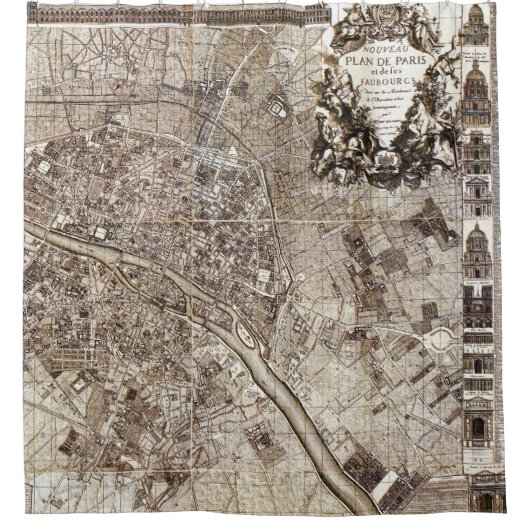 Antiek Paris Map 1728 Architecture Frankrijk Douchegordijn (Voorkant)