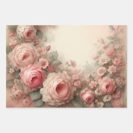 Antiek Pastel Roze Rose Boeketten Decoupage Inpakpapier Vel (Voorkant)