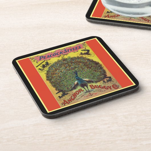 Antiek pauw buggy bedrijf advertentie rood bier onderzetter (Linkerzijde)