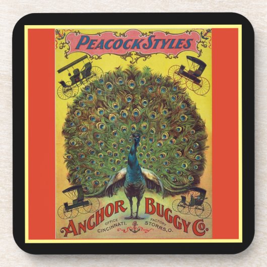 Antiek pauw buggy bedrijf advertentie rood bier onderzetter (Voorkant)