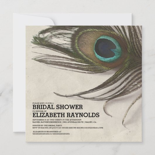 Antiek Peacock Feathers Bridal Shower Invitations Kaart (Voorkant)