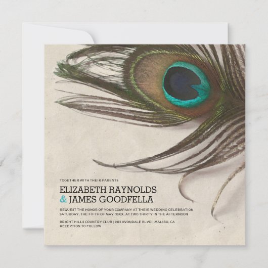 Antiek Peacock Feathers Wedding Invitations Kaart (Voorkant)