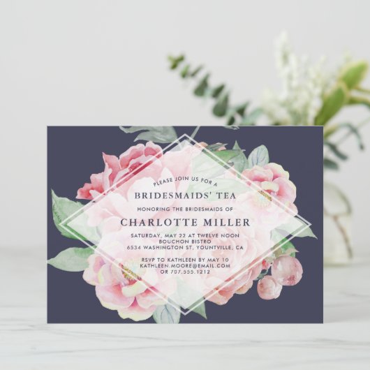 Antiek Peony Bridesmaids Tea Invitation Kaart (Staand voorkant)