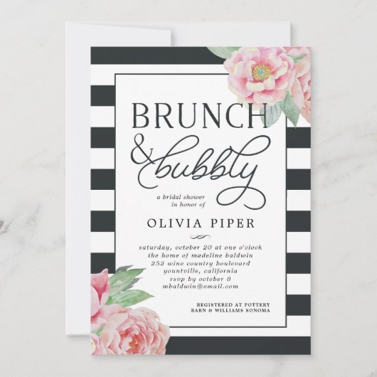 Antiek Peony Brunch & Bubble Vrijgezellenfeest Inv Kaart (Voorkant)