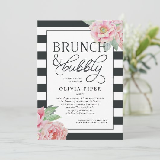 Antiek Peony Brunch & Bubble Vrijgezellenfeest Inv Kaart (Staand voorkant)