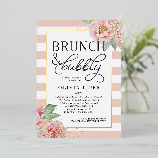 Antiek Peony Brunch en Bubble Vrijgezellenfeest Folie Uitnodiging (Staand Voorkant)