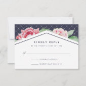 Antiek Peony RSVP-kaart | Blush en marine RSVP Kaartje (Voorkant)
