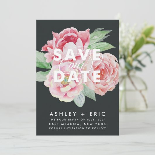 Antiek Peony Save the Date Kaart (Staand voorkant)