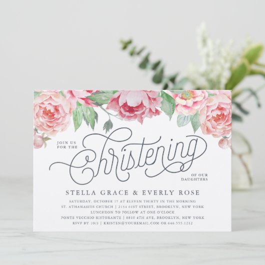 Antiek Peony Twins doopuitnodigingen Kaart (Staand voorkant)