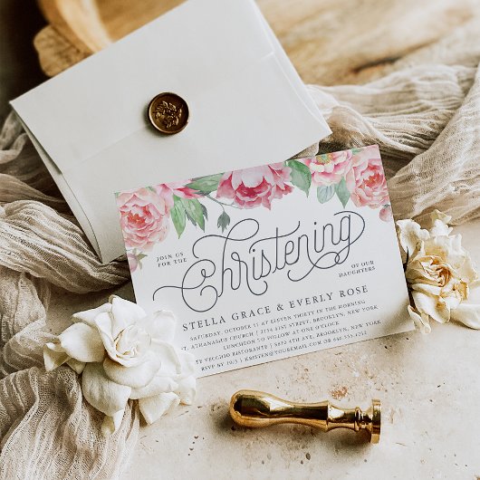Antiek Peony Twins doopuitnodigingen Kaart