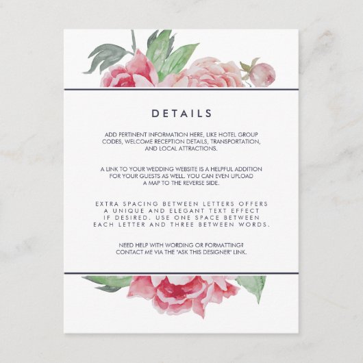 Antiek Peony Wedding Guest Details Kaart (Voorkant)