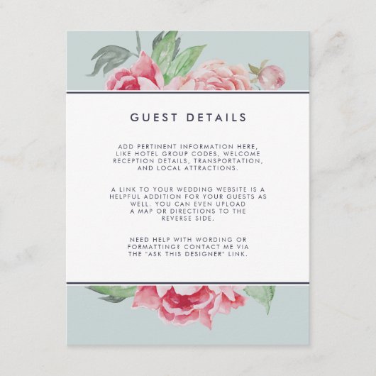 Antiek Peony Wedding Guest Details Kaart (Voorkant)