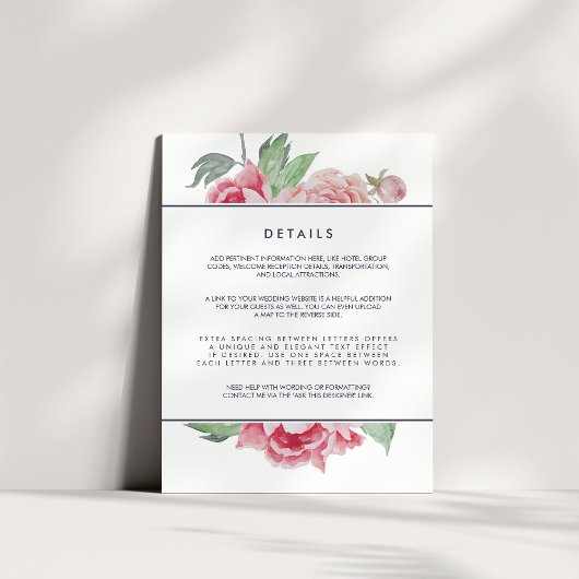 Antiek Peony Wedding Guest Details Kaart
