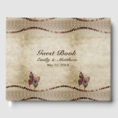 Antiek perkament, kant, glanzende kralen & vlinder gastenboek (Voorkant)