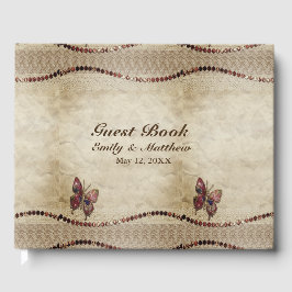 Antiek perkament, kant, glanzende kralen & vlinder gastenboek