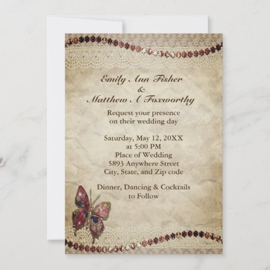 Antiek perkament, kant, kralen & vlinder bruiloft kaart (Voorkant)