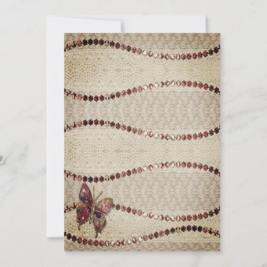 Antiek perkament, kant, kralen & vlinder bruiloft kaart (Achterkant)