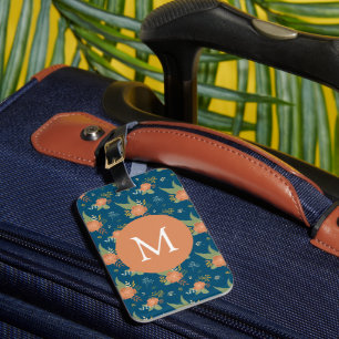 Antiek perzik bloemmotief donkerblauwe monogram bagagelabel