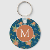 Antiek perzik bloemmotief donkerblauwe monogram sleutelhanger (Voorkant)