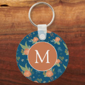 Antiek perzik bloemmotief donkerblauwe monogram sleutelhanger (Voorkant)