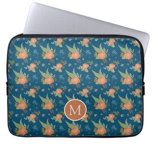Antiek perzik bloempatroon donkerblauw monogram laptop sleeve