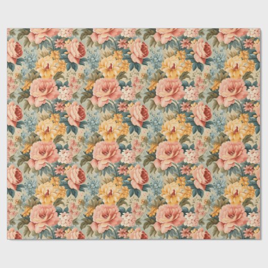 Antiek Perzik Roos en Sage Groene Bloemen Cadeaupapier (Vlak)