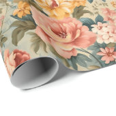 Antiek Perzik Roos en Sage Groene Bloemen Cadeaupapier (Rol Hoek)