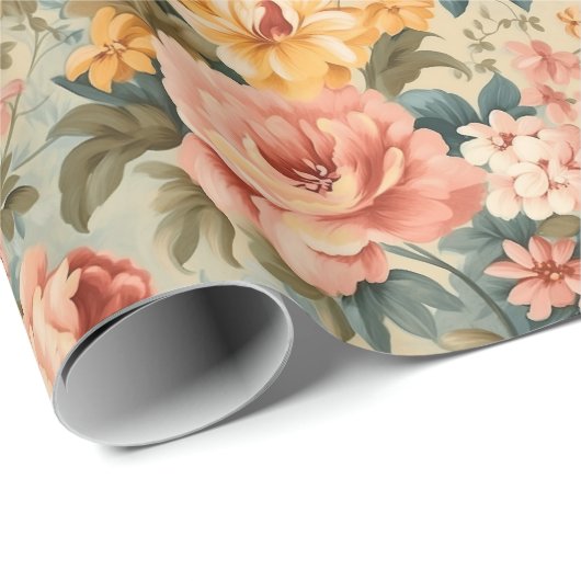 Antiek Perzik Roos en Sage Groene Bloemen Cadeaupapier (Rol Hoek)