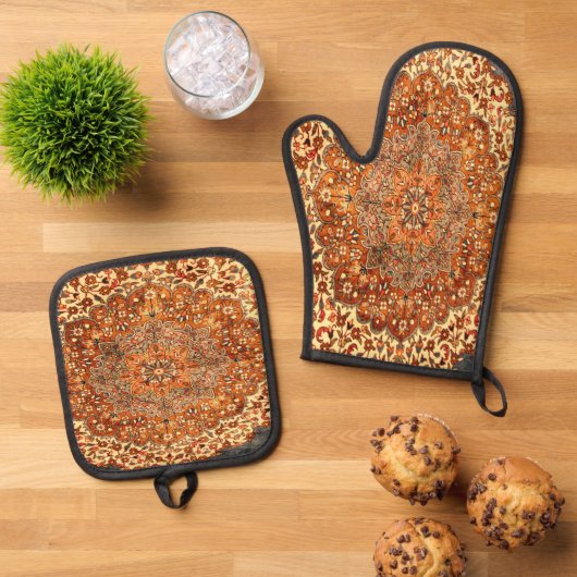 Antiek Perzische tapijtlook Ovenwant & Pannenlap Set (Top down)