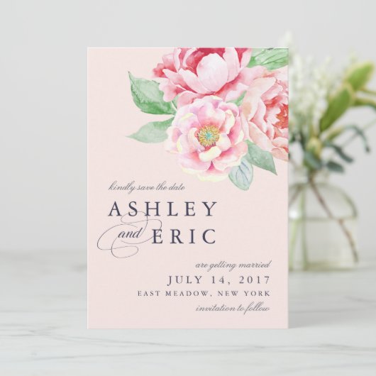 Antiek pioen | Blush bloemen bruiloft Save The Date (Staand voorkant)