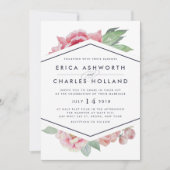 Antiek pioen | Blush en Navy bruiloft uitnodiging (Voorkant)