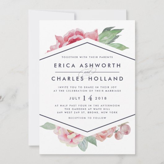 Antiek pioen | Blush en Navy bruiloft uitnodiging (Voorkant)