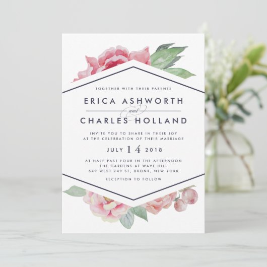 Antiek pioen | Blush en Navy bruiloft uitnodiging (Staand voorkant)