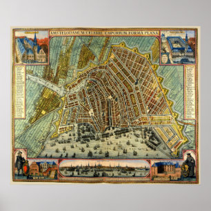Antiek plattegrond van Amsterdam, Nederland Poster