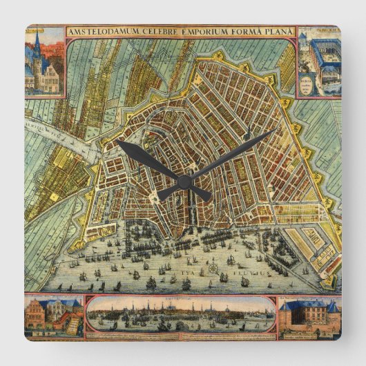 Antiek plattegrond van Amsterdam, Nederland Vierkante Klok (Voorkant)