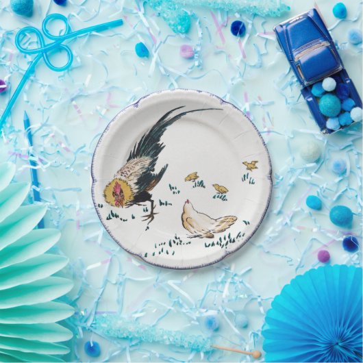 Antiek porseleinen rooster blauw wit papieren bordje (Feest)