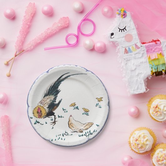 Antiek porseleinen rooster blauw wit papieren bordje (Feest)