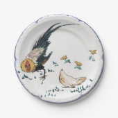 Antiek porseleinen rooster blauw wit papieren bordje (Voorkant)
