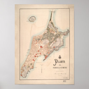 Antiek Portugese kaart van Macau 1889 Poster