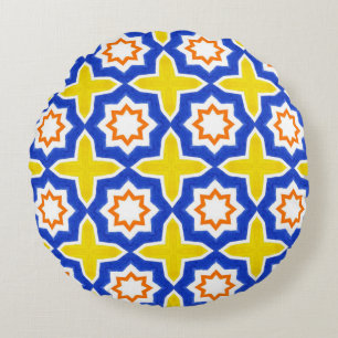 Antiek portugese tegels. Blauw en geel Azulejos Rond Kussen