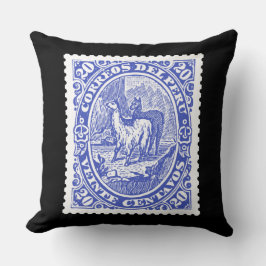 Antiek postzegel uit Peru met Llamas Blue Kussen